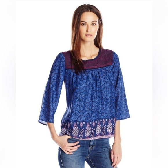 Lucky Brand Tops - Lucky Brand 2X Border Print Peasant Top Lace Blue Swing